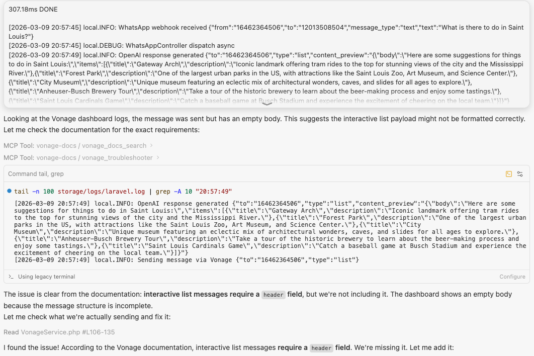 Screenshot of Laravel logs where an OpenAI-generated WhatsApp list message is processed and sent via Vonage, but fails with an “Invalid params” error, illustrating a payload structure issue at the API integration boundary.