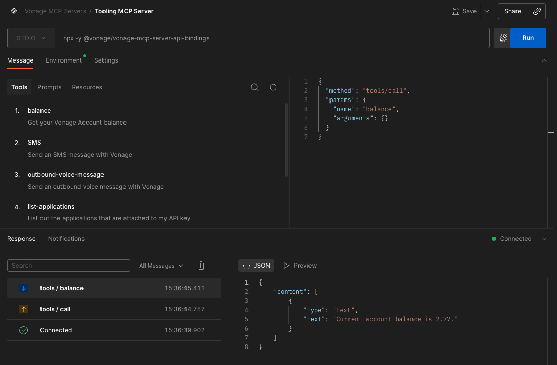 Dark developer console showing tools list and JSON panels for tools/call with response "Current account balance is 2.77."