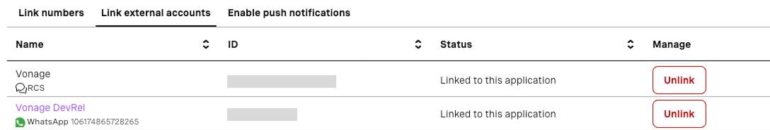 Dashboard interface showing two linked external accounts under the 'Link external accounts' tab: one labeled 'Vonage' with an RCS icon, and another labeled 'Vonage DevRel' with a WhatsApp icon and phone number ID. Both show status as 'Linked to this application' with red 'Unlink' buttons to the right.