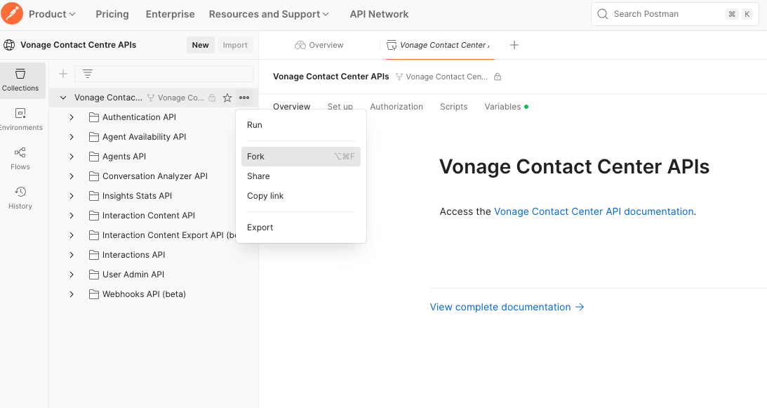 Postman interface showing the action menu for the Vonage Contact Center APIs collection, with the ‘Fork’ option highlighted to duplicate the collection into a personal workspace.