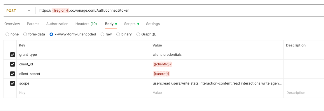 POST request to the Vonage /auth/connect/token endpoint in Postman, showing the grant_type, client_id, client_secret, and scope fields configured for OAuth token generation.