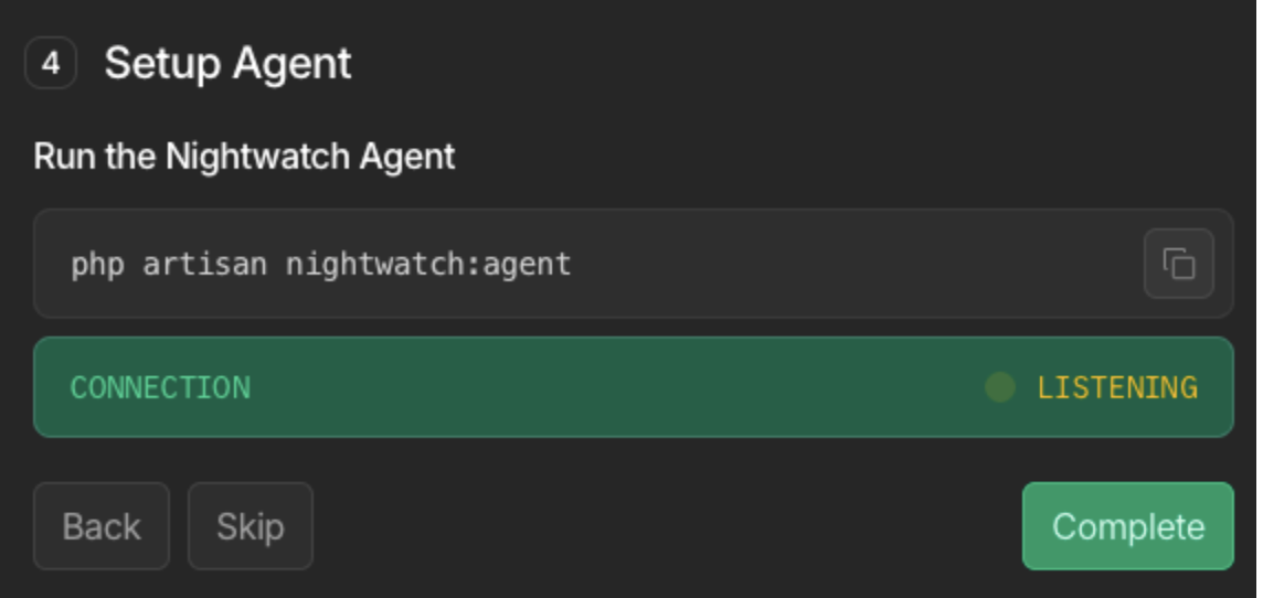 Screenshot of the panel showing you how to start the Nightwatch agent from the command line