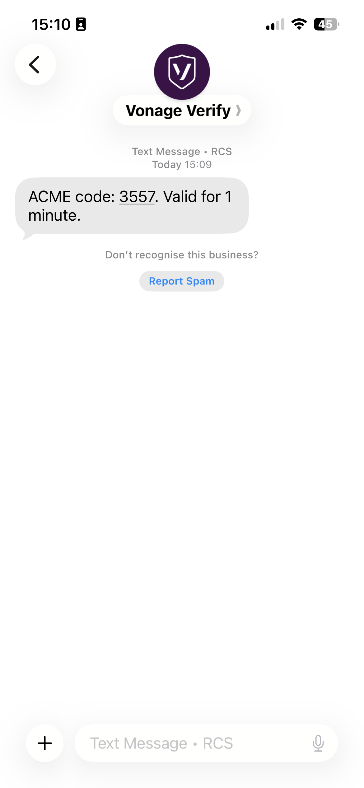 A text message from "Vonage Verify" contains an ACME verification code: 3557, valid for 1 minute, with an option to report spam.
