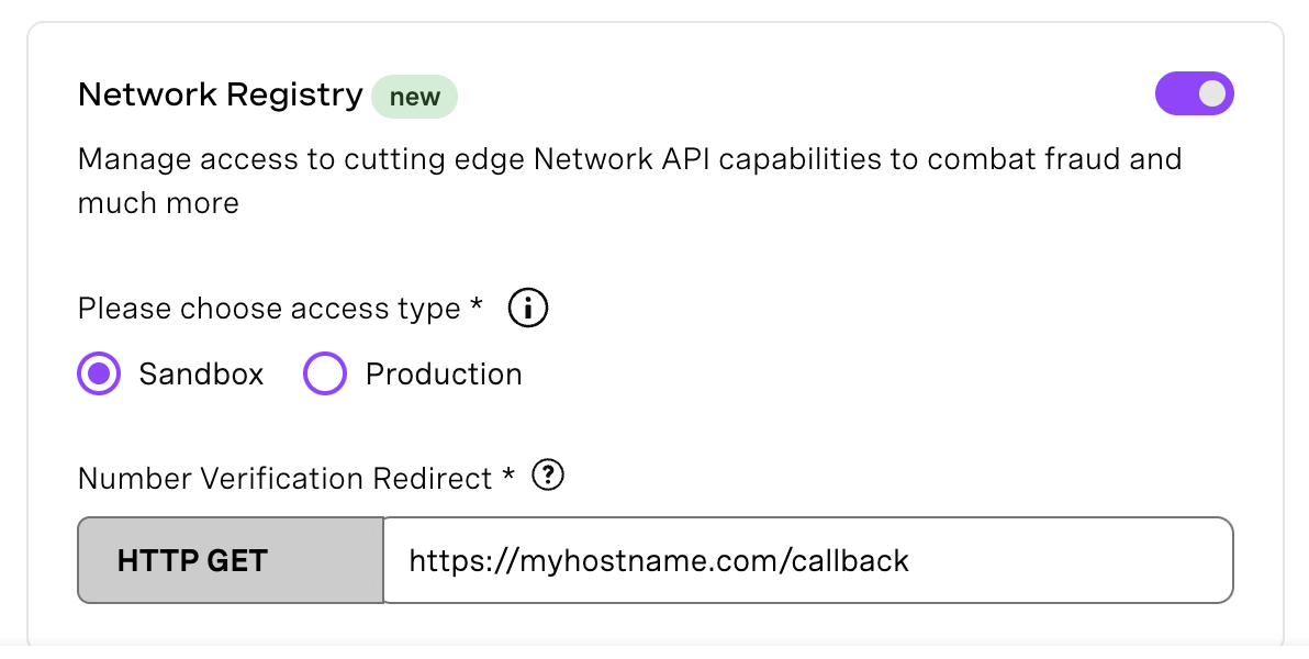 The image shows the configuration of the Network Registry Capability of the application