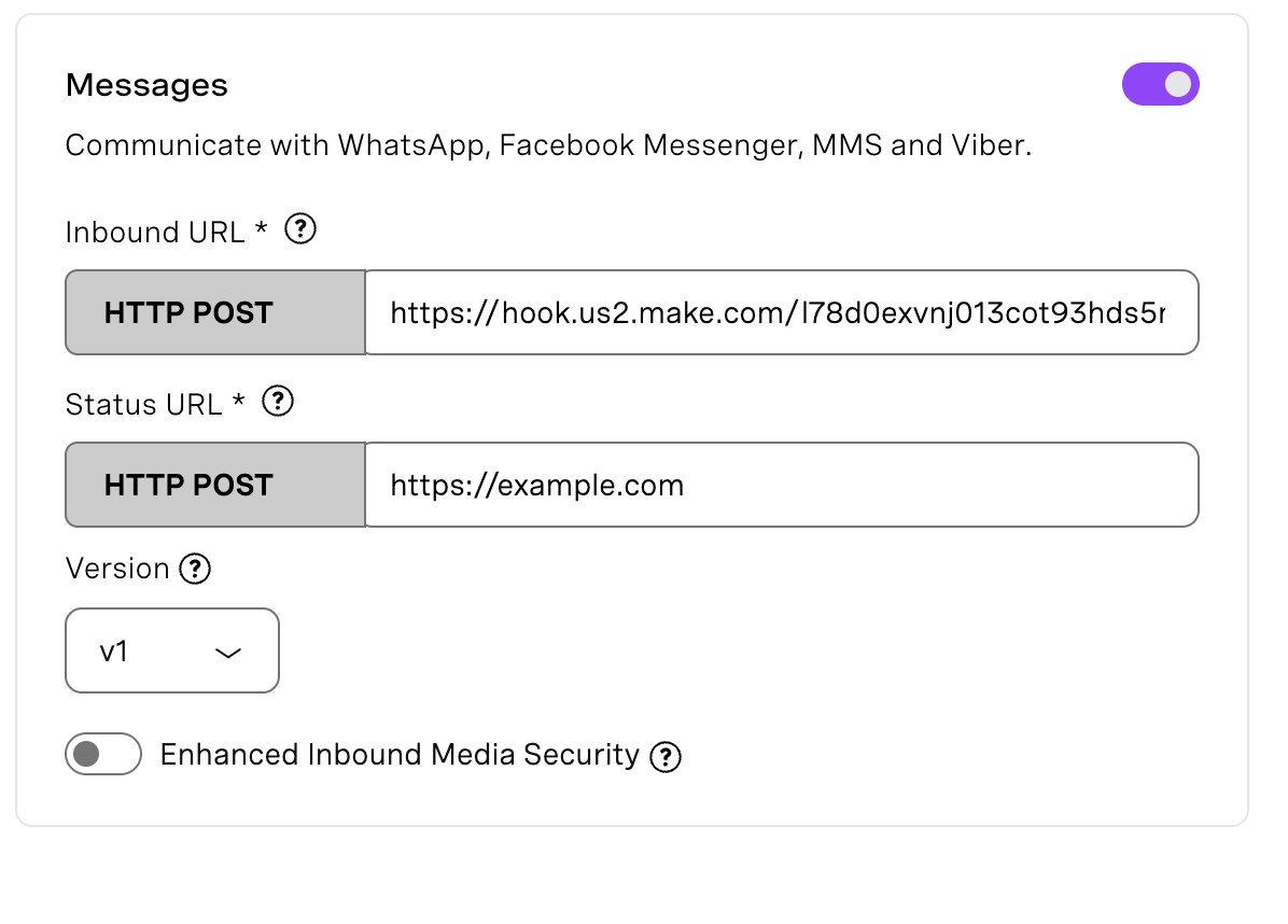 Screenshot of the Vonage application Messages settings showing the Inbound URL field populated with a Make webhook URL, a placeholder Status URL, HTTP POST selected for both, and the Messages capability toggle enabled.