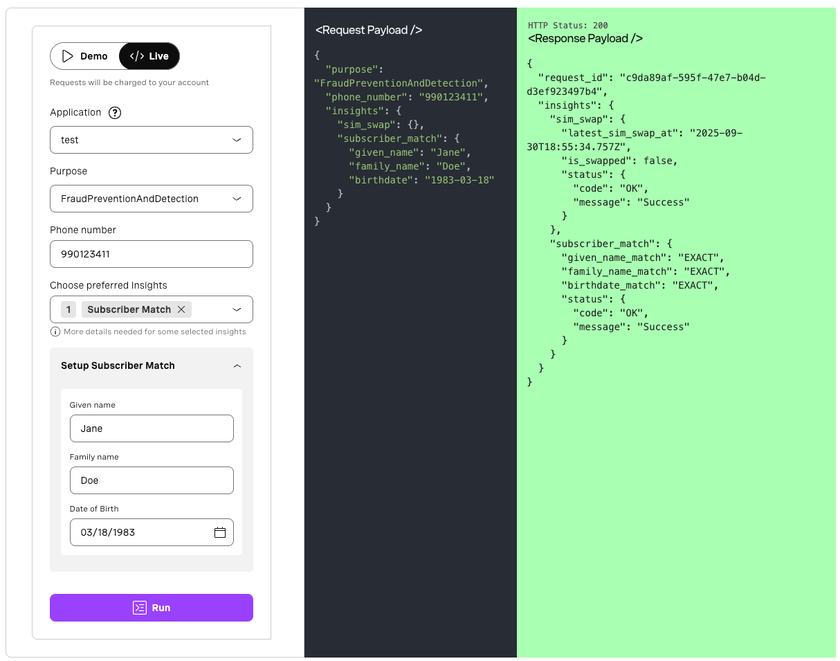 A user interface showing a form for fraud prevention with fields for name, phone number, and birthdate, alongside a JSON response payload.