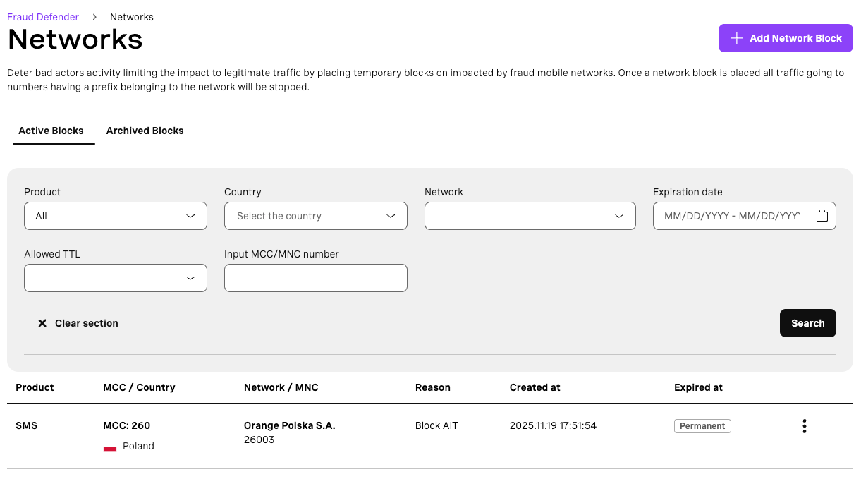 Screenshot of a network blocking interface showing active blocks for Orange Polska S.A., with options to filter by product, country, and expiration date.