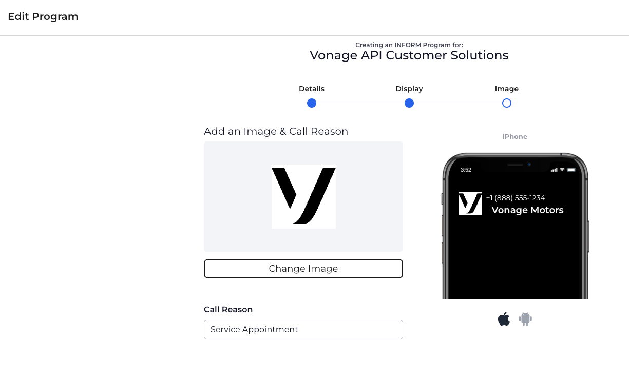 First Orion edit program screen showing image upload and call reason configuration with mobile preview of branded call