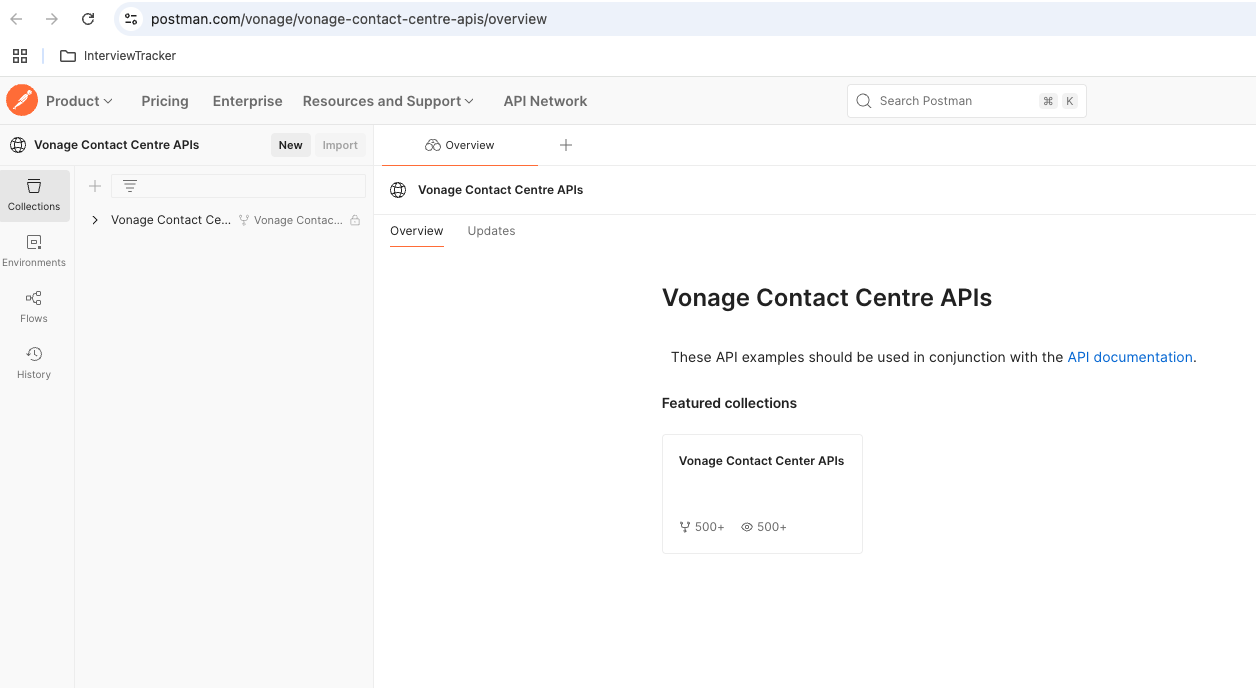 Postman collection displaying root-level folders such as Authentication API, Agents API, Insights Status API, and User Admin API, representing grouped endpoints for the Vonage Contact Center APIs.