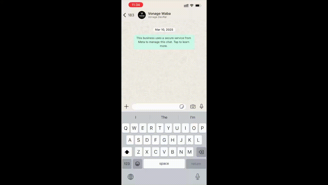 WhatsApp chat screen with a Vonage DevRel business account open, showing an empty conversation and message input field ready for user interaction.