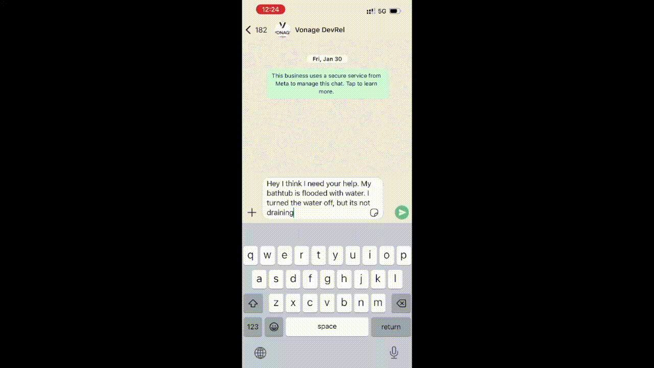 Screenshot of a WhatsApp chat with “Vonage DevRel,” showing a user typing a message that says their bathtub is flooded, the water has been turned off, and it is not draining.