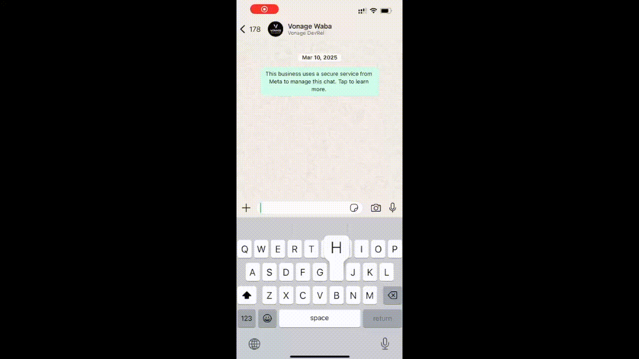 A smartphone screen recording of a WhatsApp conversation with a Vonage business account. The user receives a message that says "Hey, it's your friends from Vonage!" and replies with “Hi,” demonstrating live WhatsApp interactivity triggered by the Vonage Messages API and automated via an n8n workflow.