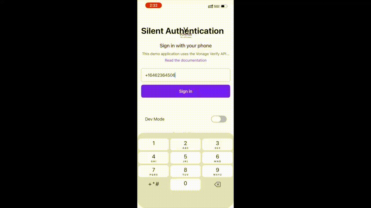 Animated screen recording of the iOS Silent Authentication demo app showing a phone number sign-in flow. The user signs in, Dev Mode displays the verification timeline, and the app reaches the verified state.