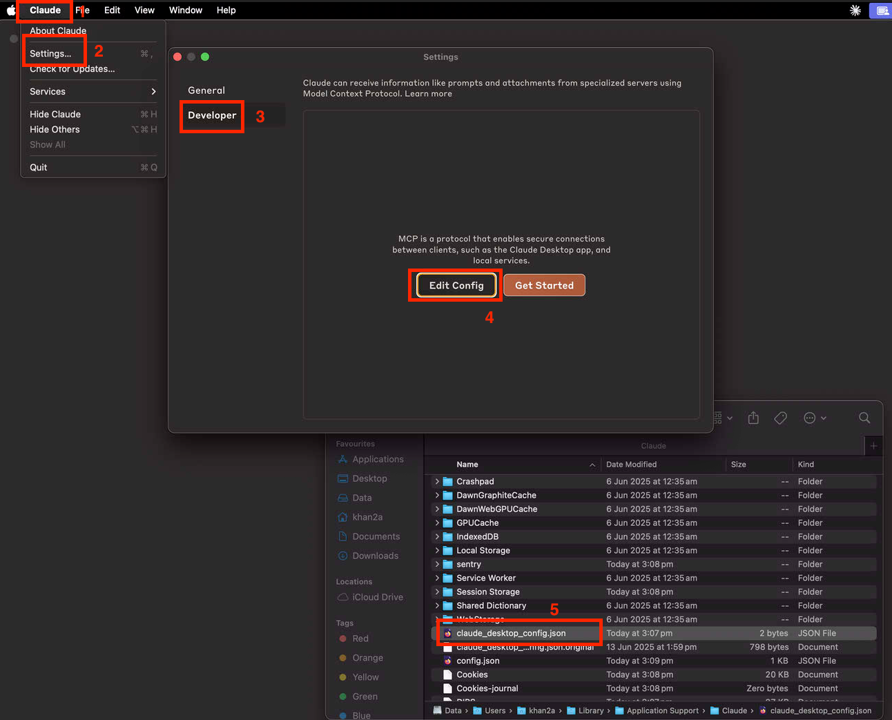 Screenshot showing Claude's Settings panel open to the Developer tab with the 'Edit Config' button highlighted, alongside the file path to the claude_desktop_config.json file in Finder.
