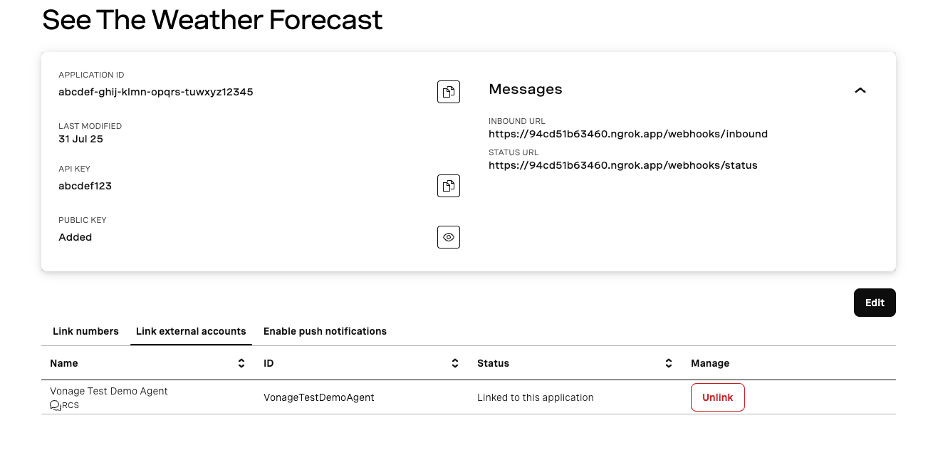 Create Application view in Vonage Dashboard showing application ID, API key, webhook URLs, and linked RCS agent details