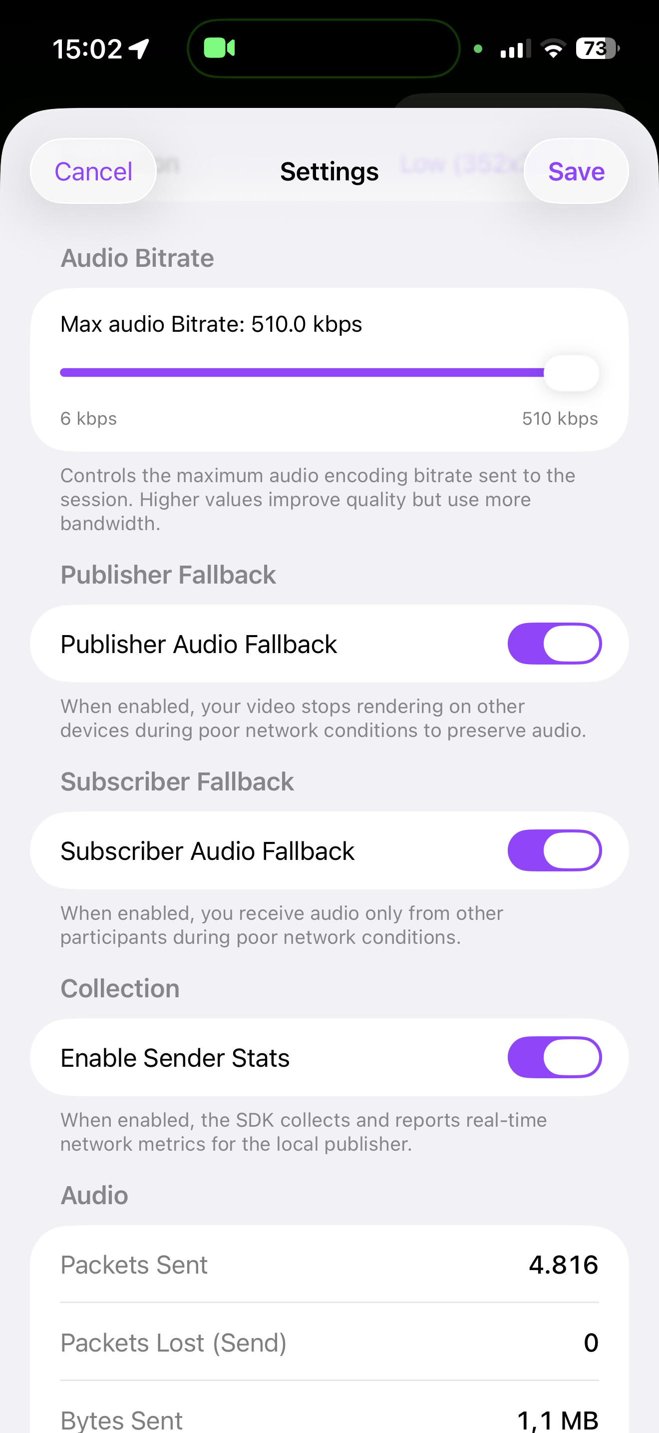 Settings screen showing audio bitrate options and fallback toggles, with stats for packets sent and lost, and total audio sent.
