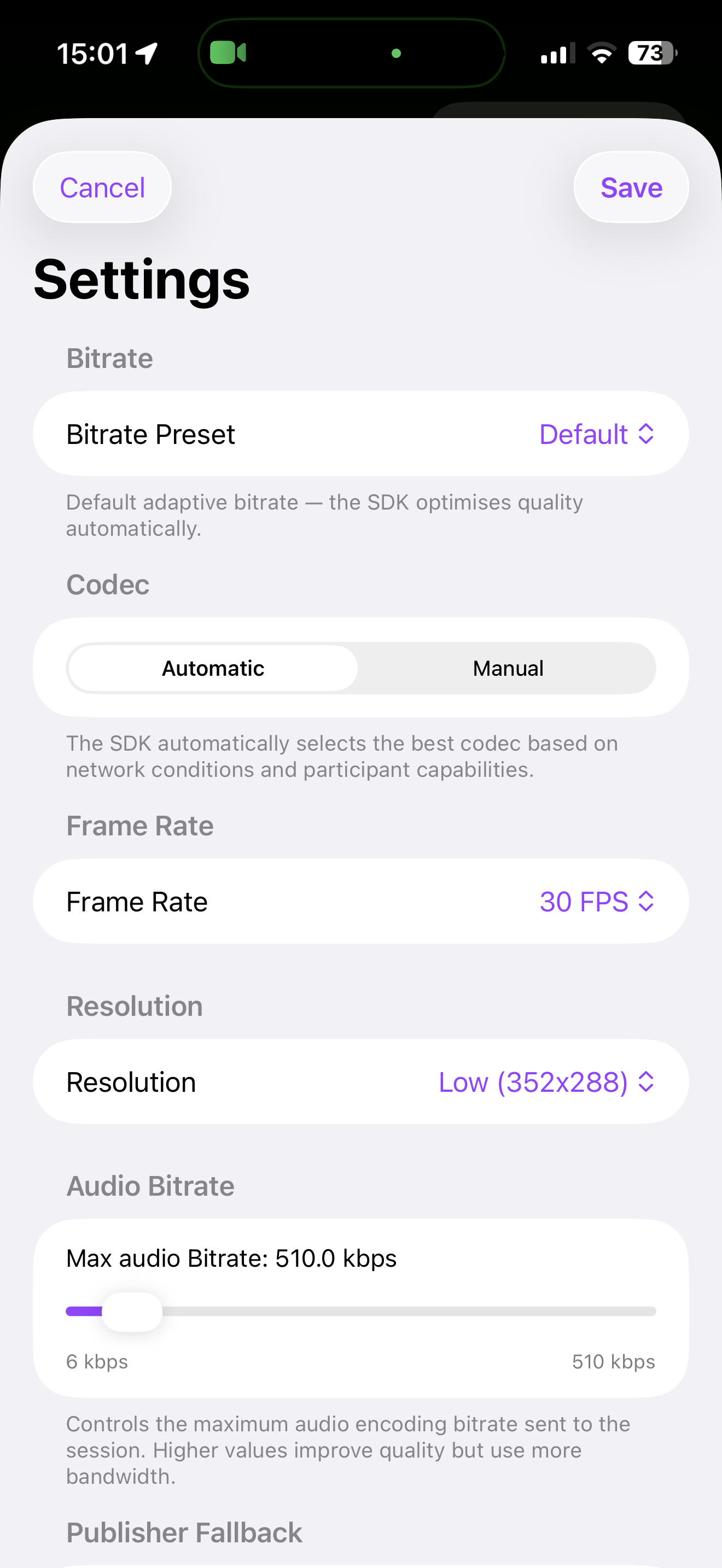 Settings screen with options for bitrate, codec, frame rate, resolution, and audio bitrate. Save and cancel buttons at the top.