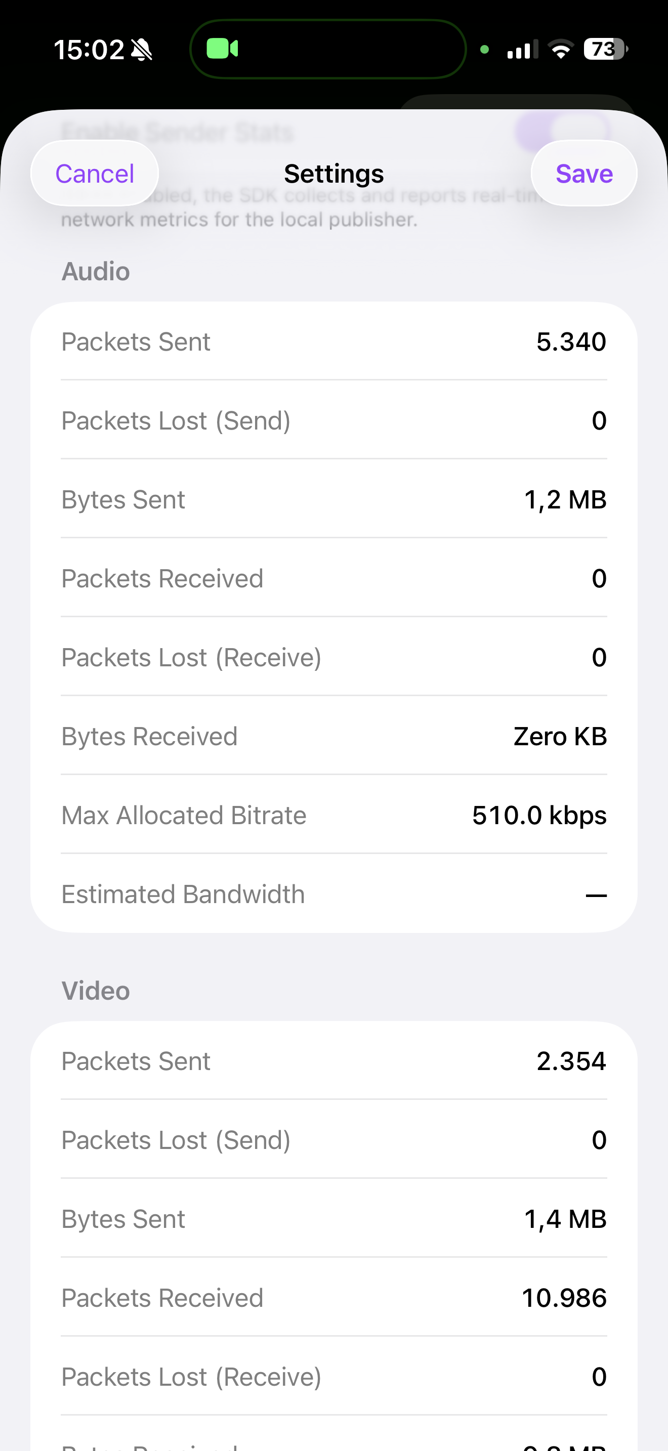 Settings screen showing audio and video packet statistics, including packets sent, lost, bytes sent, received, and bitrate.