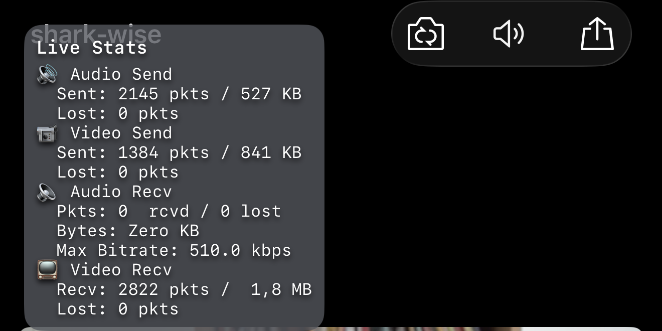 Screenshot showing live call stats overlaid on the call screen of an iOS device