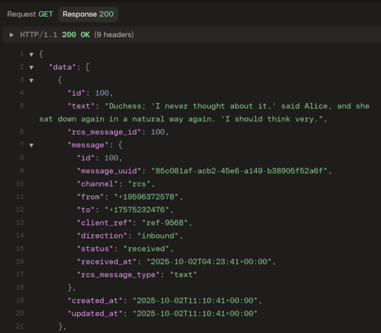 Screenshot showing a 200 response with webhook data