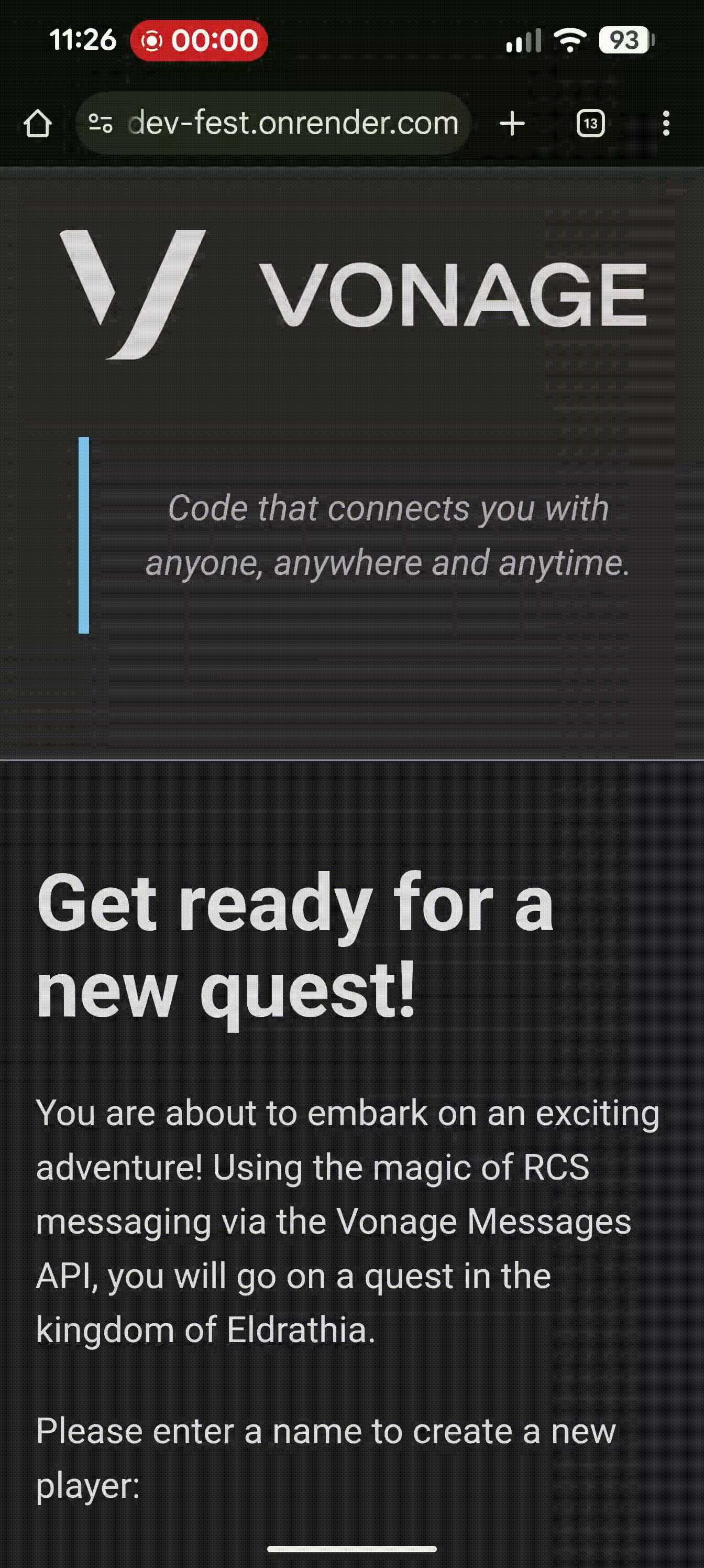 Screen recording of the game being played showing the initial set-up via the web-app and then the first two RCS messages being received and responded to.