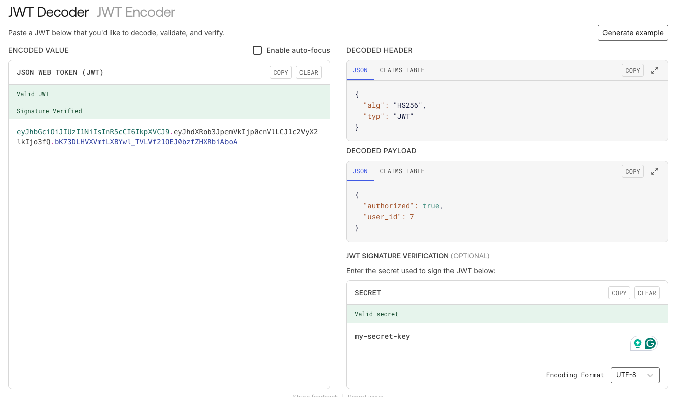 Screenshot of the jwt.io decoder showing a valid JWT token, decoded header and payload, and confirmation of signature verification using the secret 'my-secret-key'