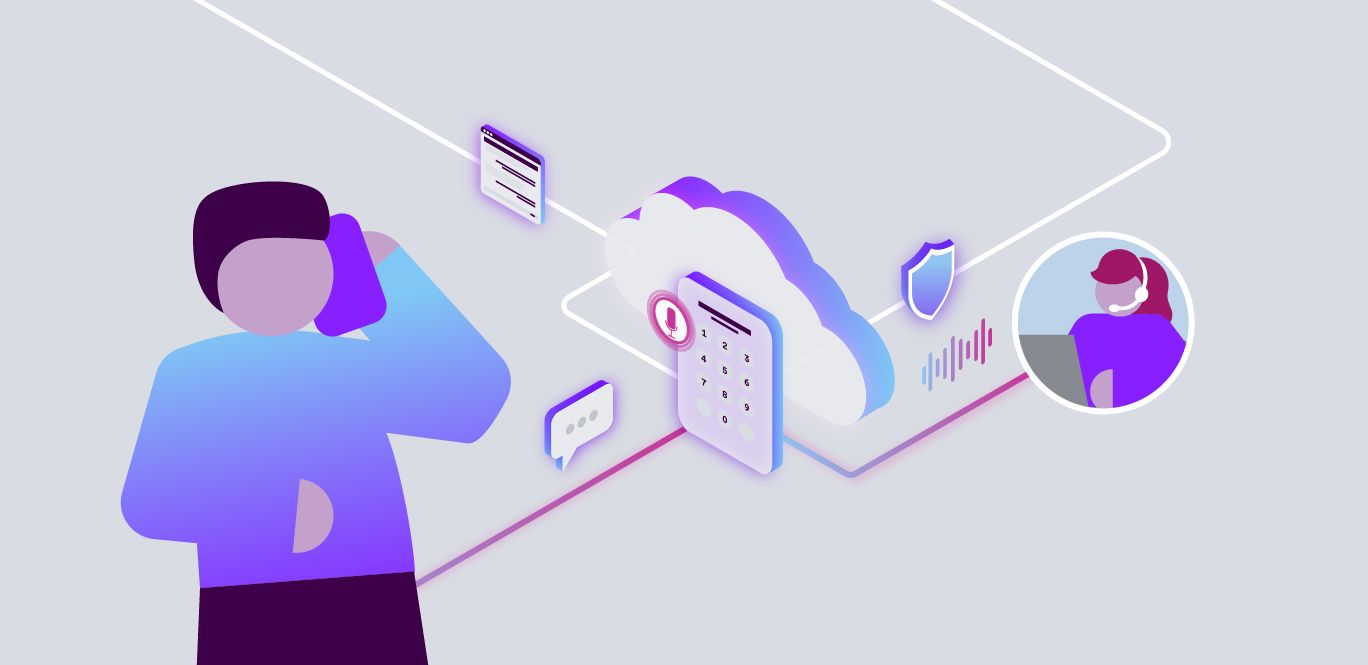 Illustration of a person on a call, cloud computing icons, and a support agent, symbolizing cloud-based customer service.