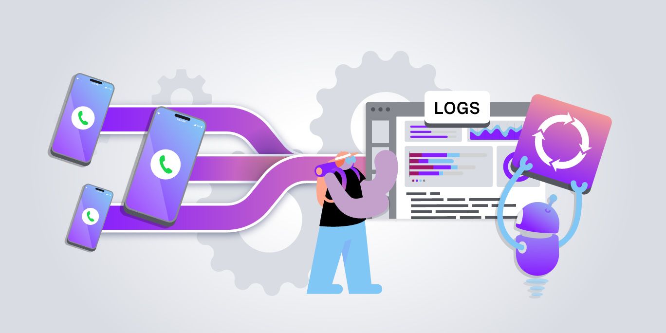 Illustration of smartphones, a person analyzing data logs, and a robot with a synchronization icon, symbolizing data processing and connectivity.