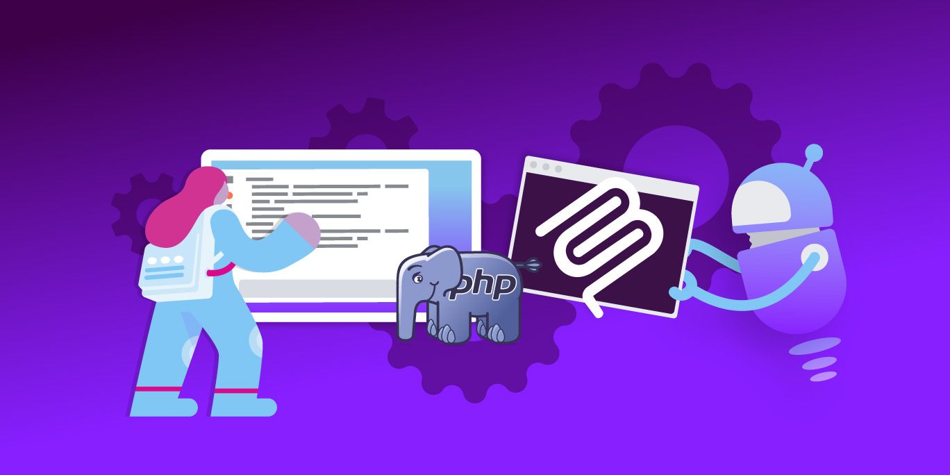 Illustration of a person coding on a computer, with a PHP elephant and a robot holding a programming icon, set against a purple background.