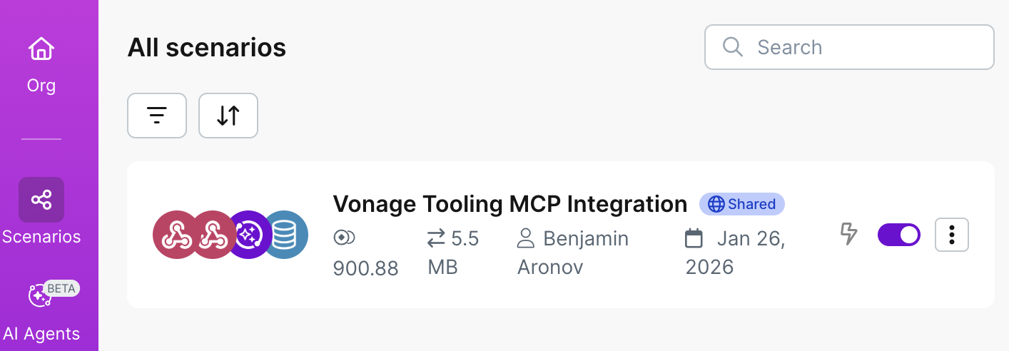Screenshot of the Make “All scenarios” dashboard displaying a scenario named “Vonage Tooling MCP Integration,” marked as shared, with multiple connected modules visible, usage statistics shown, and the scenario toggle switched on.
