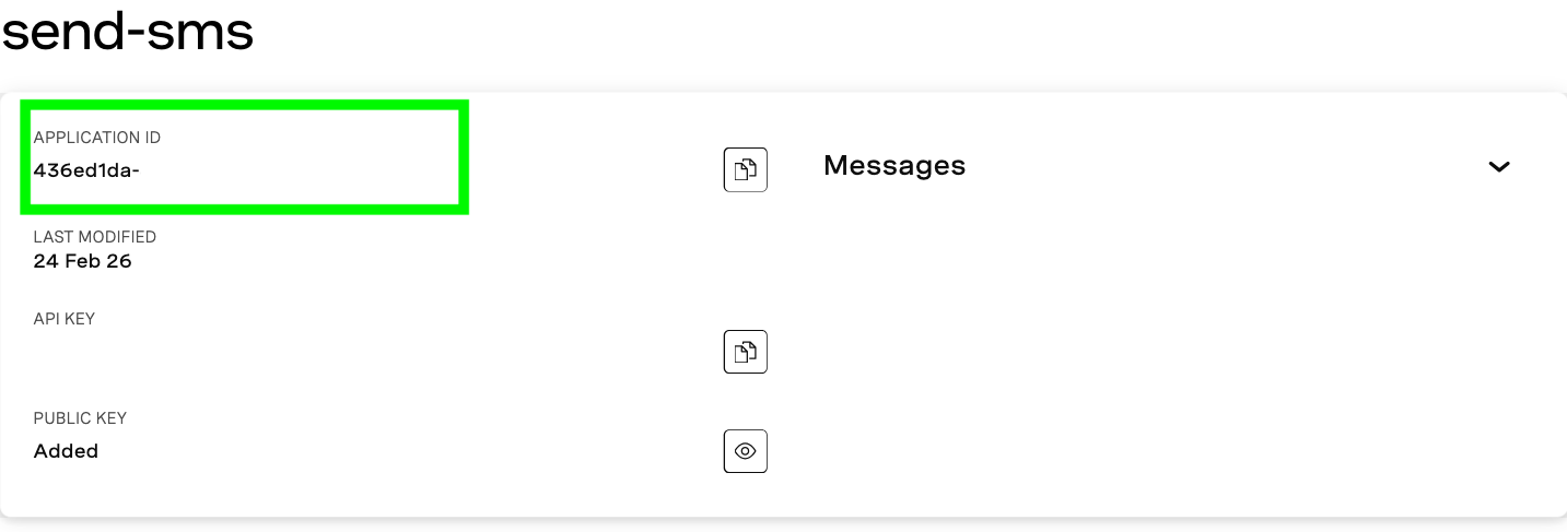 A screenshot of the Messages application in the Vonage developer dashboard indicating where you can find the application ID.