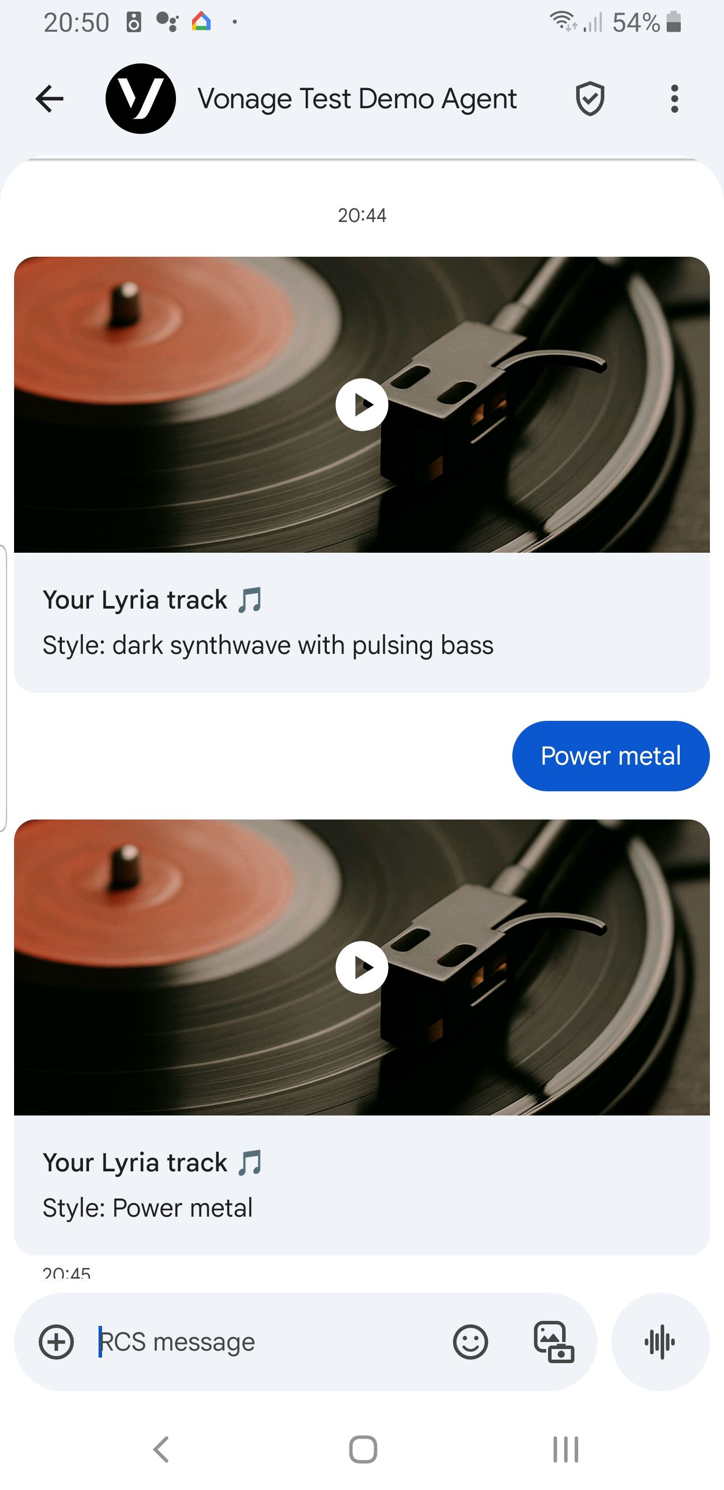 conversation between Vonage Test Demo Agent and a user that firstly sends a rich card track with a playable song, followed by a user requesting a musical taste “power metal”, followed by a response of the requested style with a generated song.