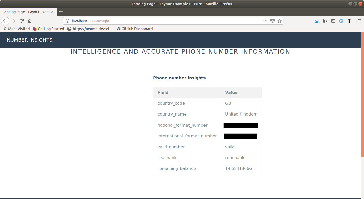 Screenshot of the Standard Number Insight output showing country code, country name, phone number in national format, phone number in international format, validity of number, reachability of number, and remaining balance.