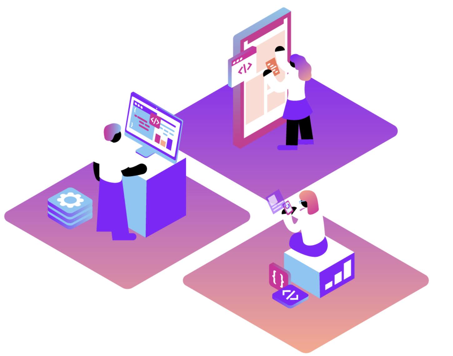 Graphic design image showing developers hard at work