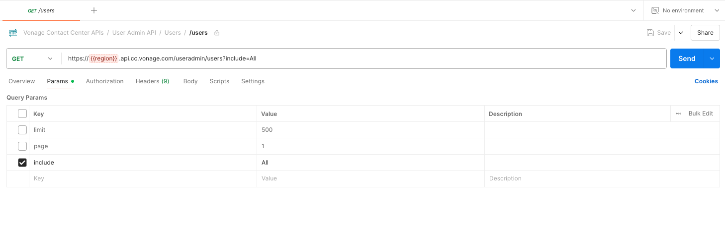 GET request to the Vonage /users endpoint in Postman, showing query parameters like limit and include used to retrieve user data.