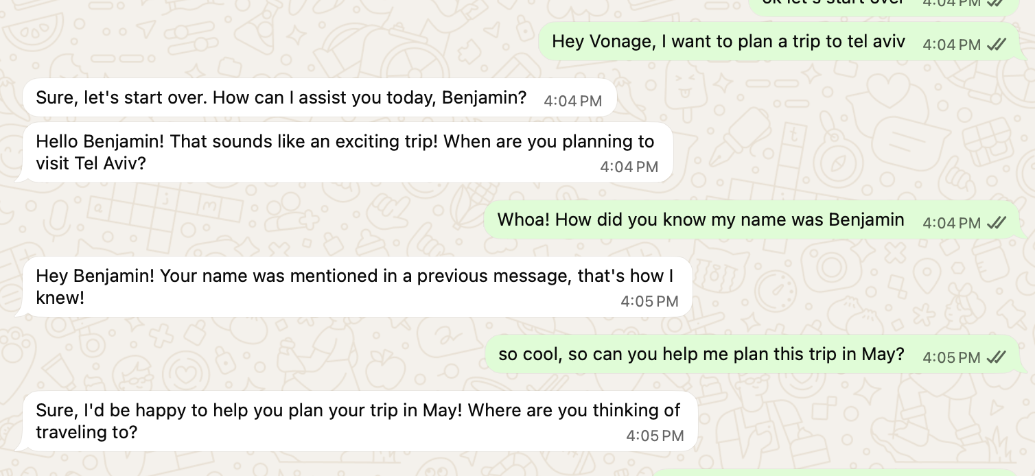WhatsApp chat showing an AI assistant remembering a user’s name but failing to maintain context across messages, responding to a follow-up about a Tel Aviv trip in May as if it were a new conversation.