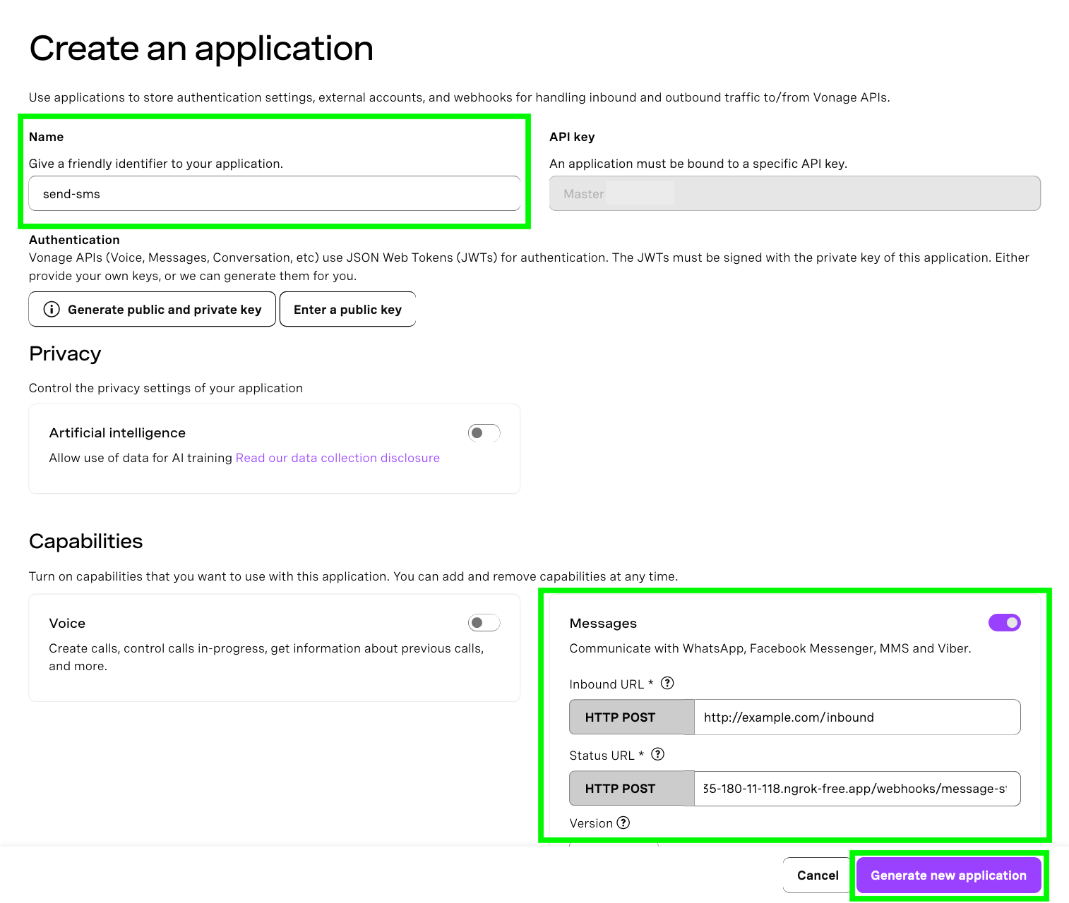 A screenshot of the Create an application menu in the Vonage developer dashboard indicating which options need to be configured in order to create a Messages application.