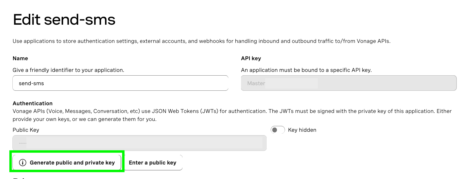 A screenshot of the application Edit menu in the Vonage developer dashboard showing where to generate a public and private key.