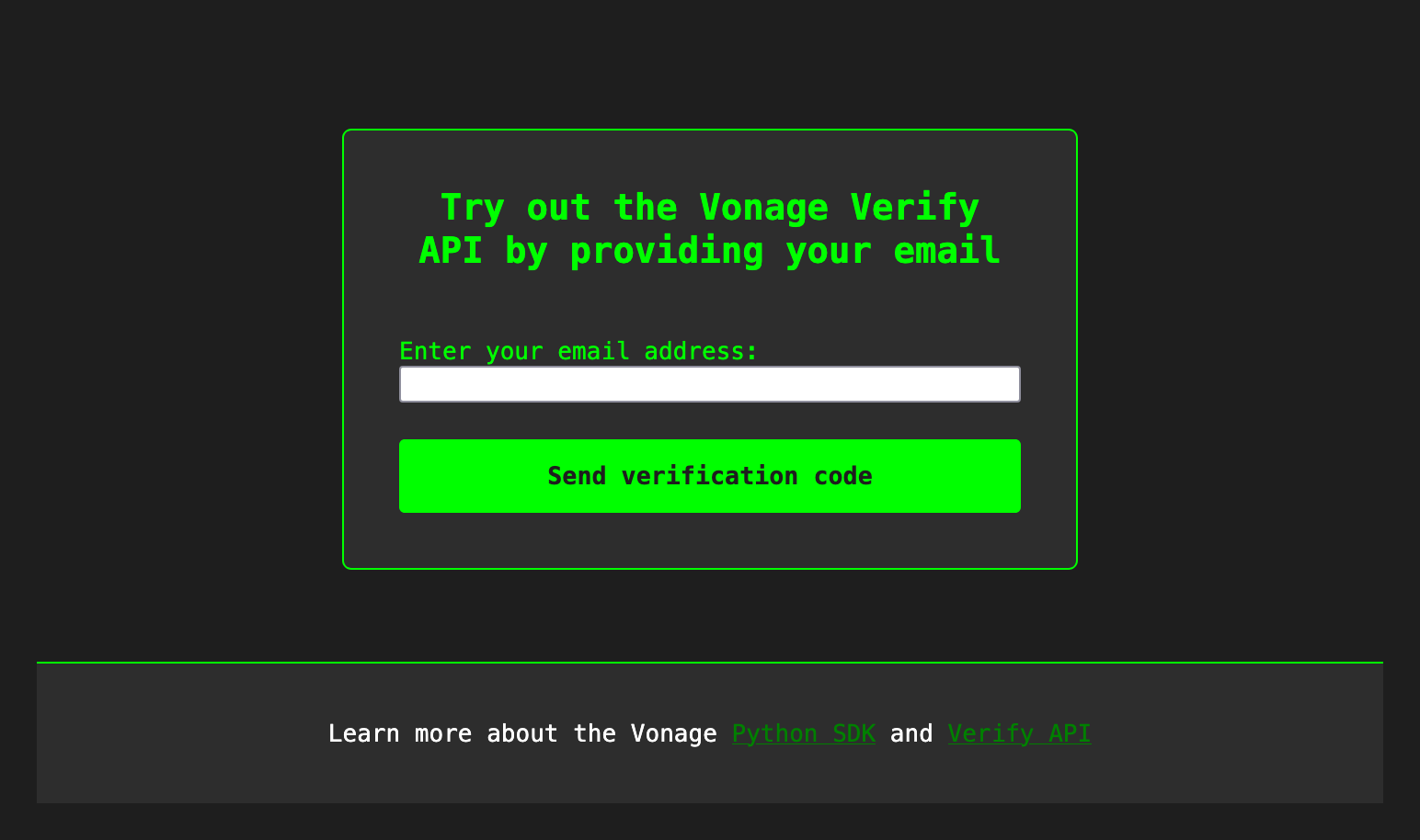 A screenshot of the index page inviting the end-user to enter their email address to try out the Vonage Verify API.