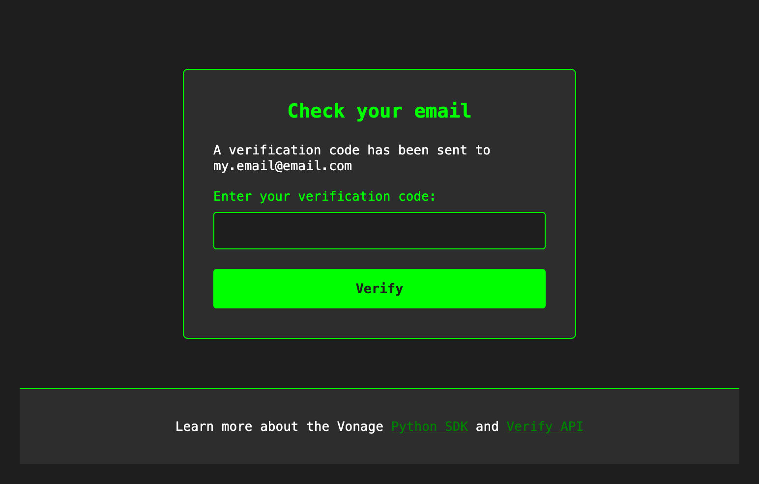 A screenshot of the verification page inviting the end-user to enter the code they received in their email.