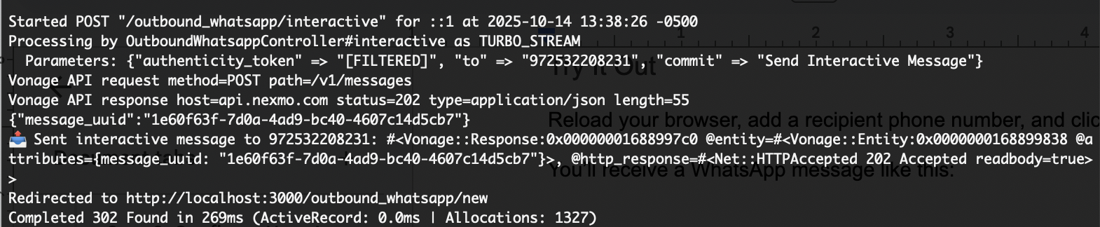 Terminal screenshot showing a POST request to /outbound_whatsapp/interactive handled by OutboundWhatsappController#interactive. The Vonage API returns a 202 Accepted status with a message_uuid, confirming the interactive WhatsApp message was sent successfully to the recipient.