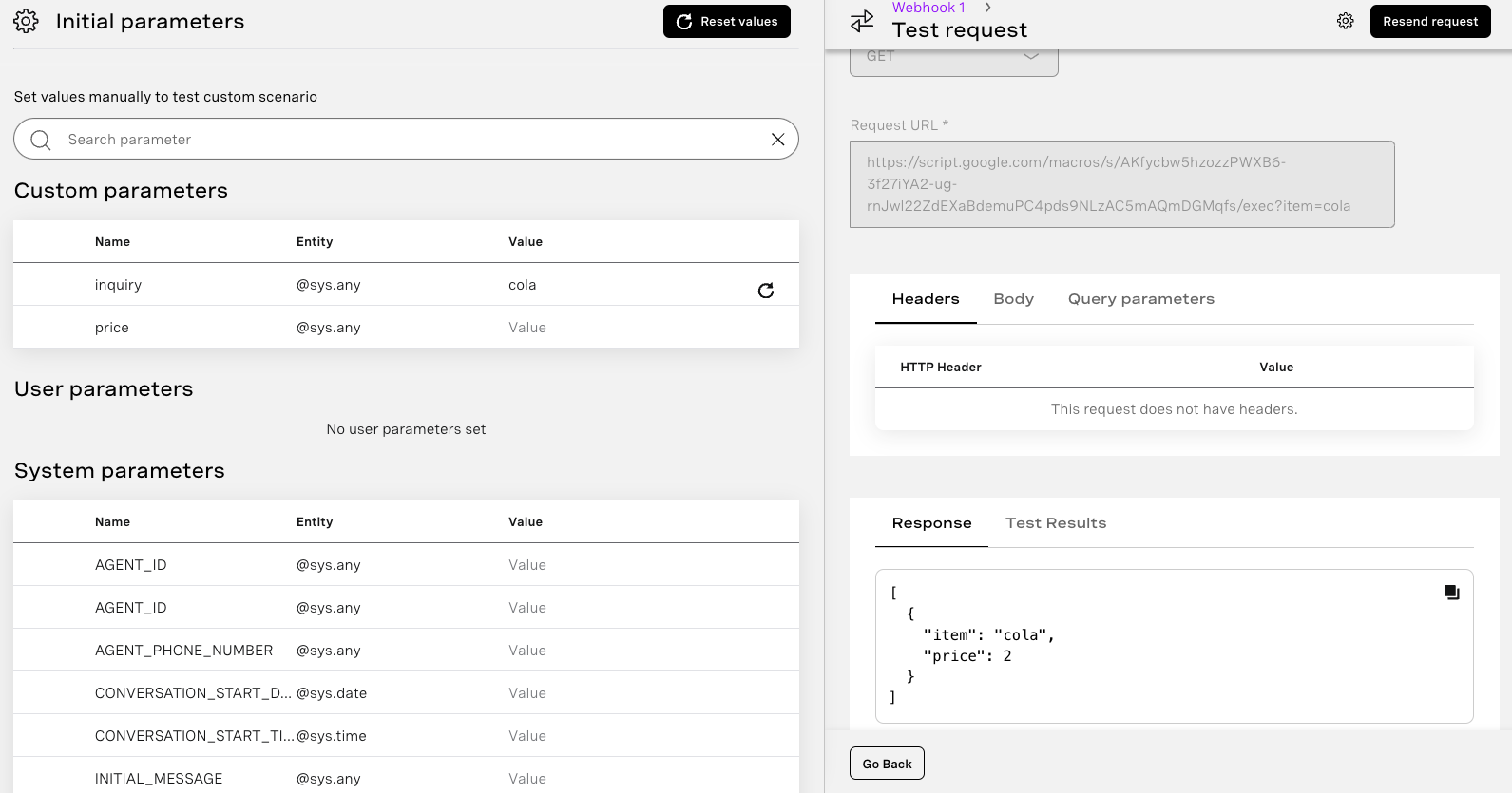 Webhook test with initial parameter defined