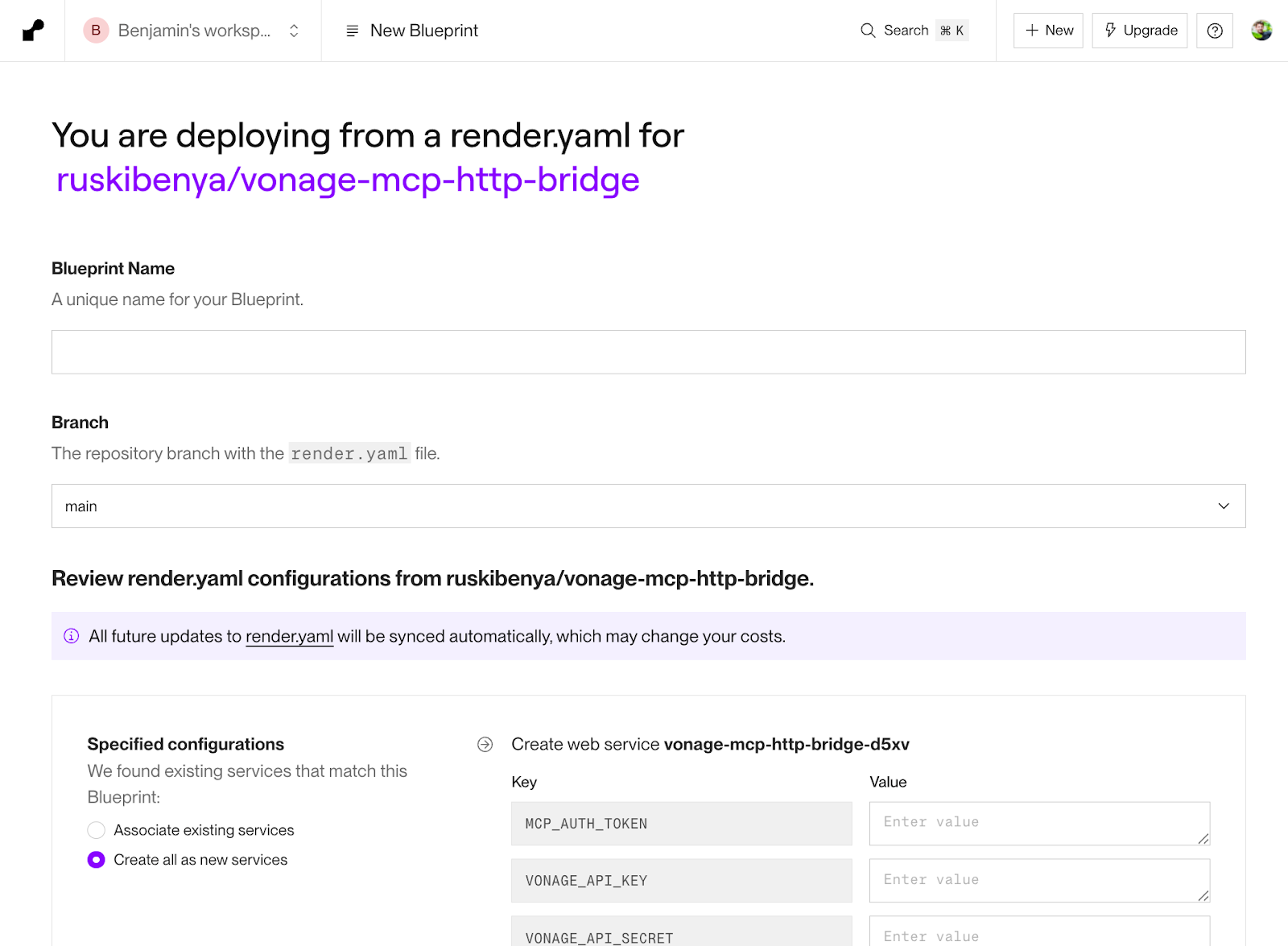 User interface for deploying a render.yaml file, displaying configurations for vonage-mcp-http-bridge setup with editable text fields.