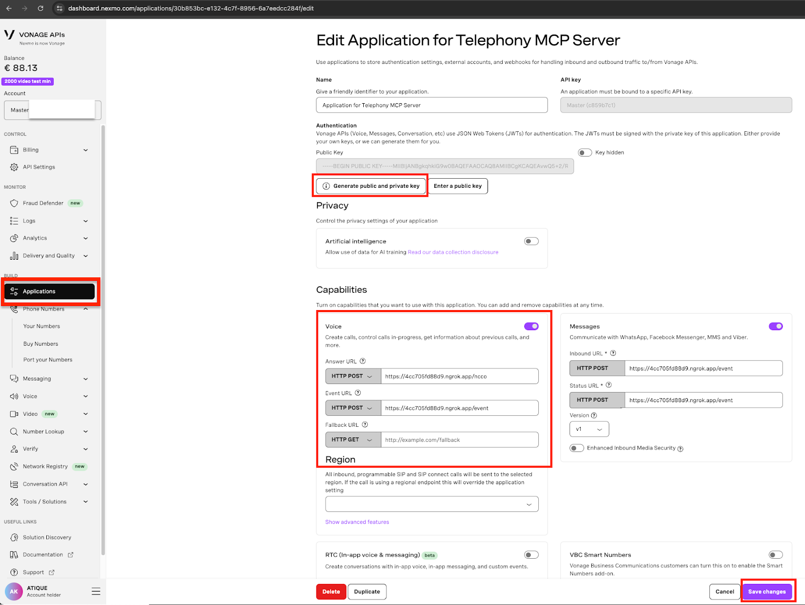 Screenshot of the Vonage API Dashboard's 'Edit Application' page, where a user sets up a Telephony MCP Server with webhook URLs for voice and messages, and an option to generate a public/private key pair.