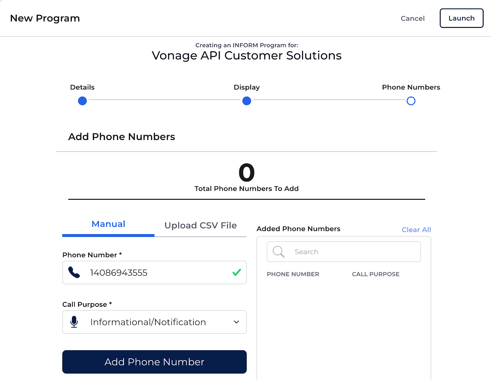 First Orion interface showing the add phone numbers step when creating a branded calling program, including call purpose selection