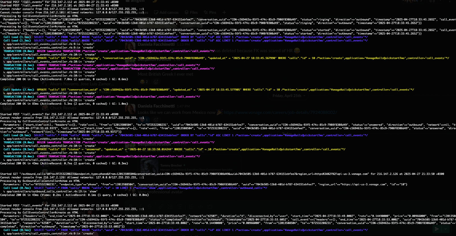 Screenshot of a terminal displaying logs from a Ruby on Rails app, showing call events being handled by the Vonage Voice API, including POST requests and database transactions