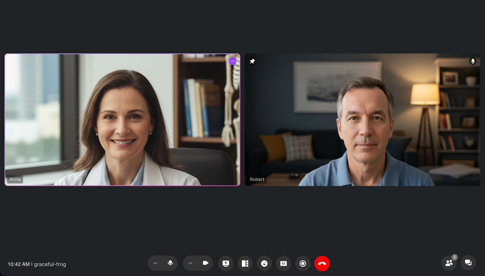Two participants in a Web VERA React video call interface, showing a healthcare professional and a remote user during a live WebRTC session.