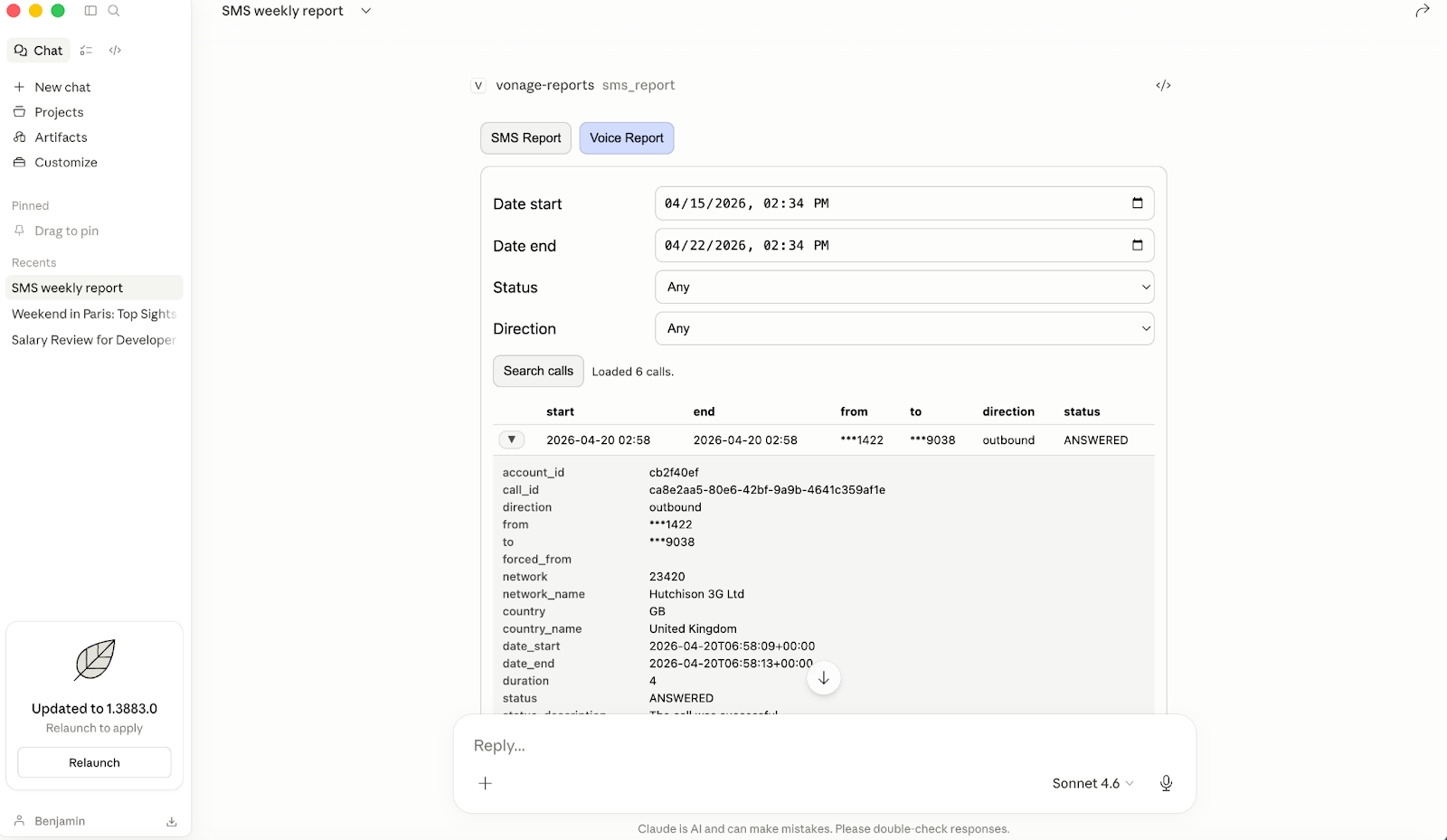 Embedded MCP App dashboard in Claude Desktop showing the Voice Report view with date range and status filters, along with a table of call records including timestamps, phone numbers, direction, and call status.