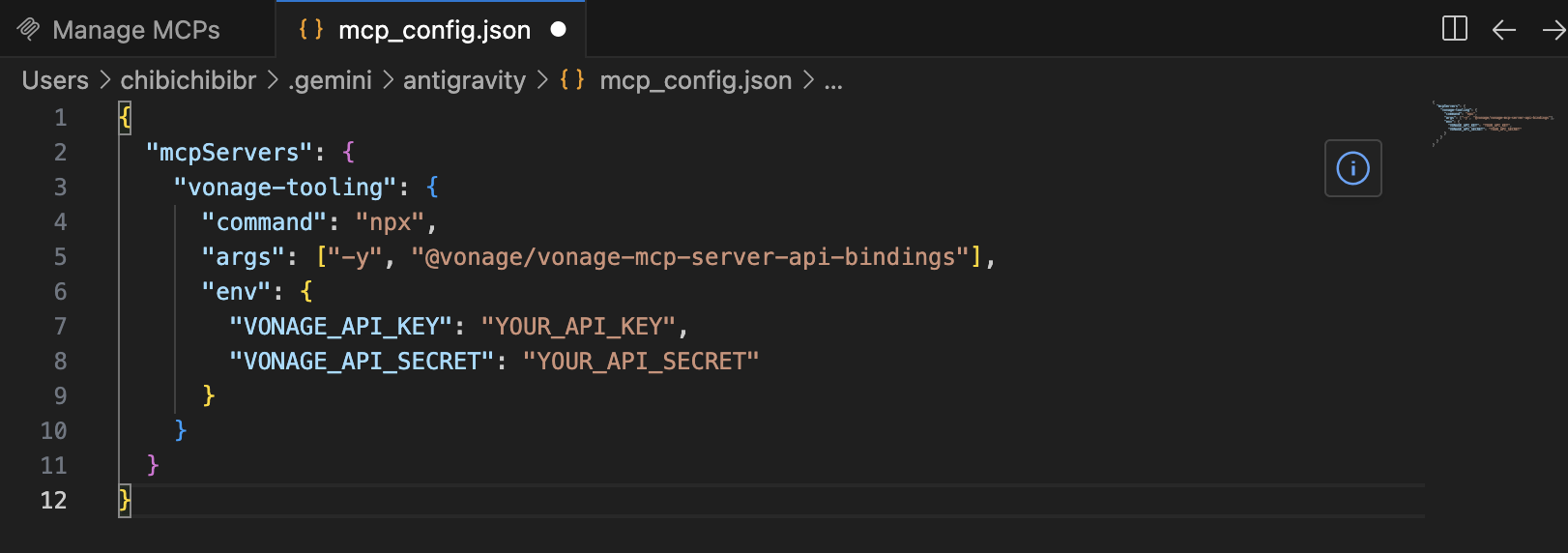 JSON configuration file for Vonage server setup, containing keys for API key and secret, and an NPX command with arguments.