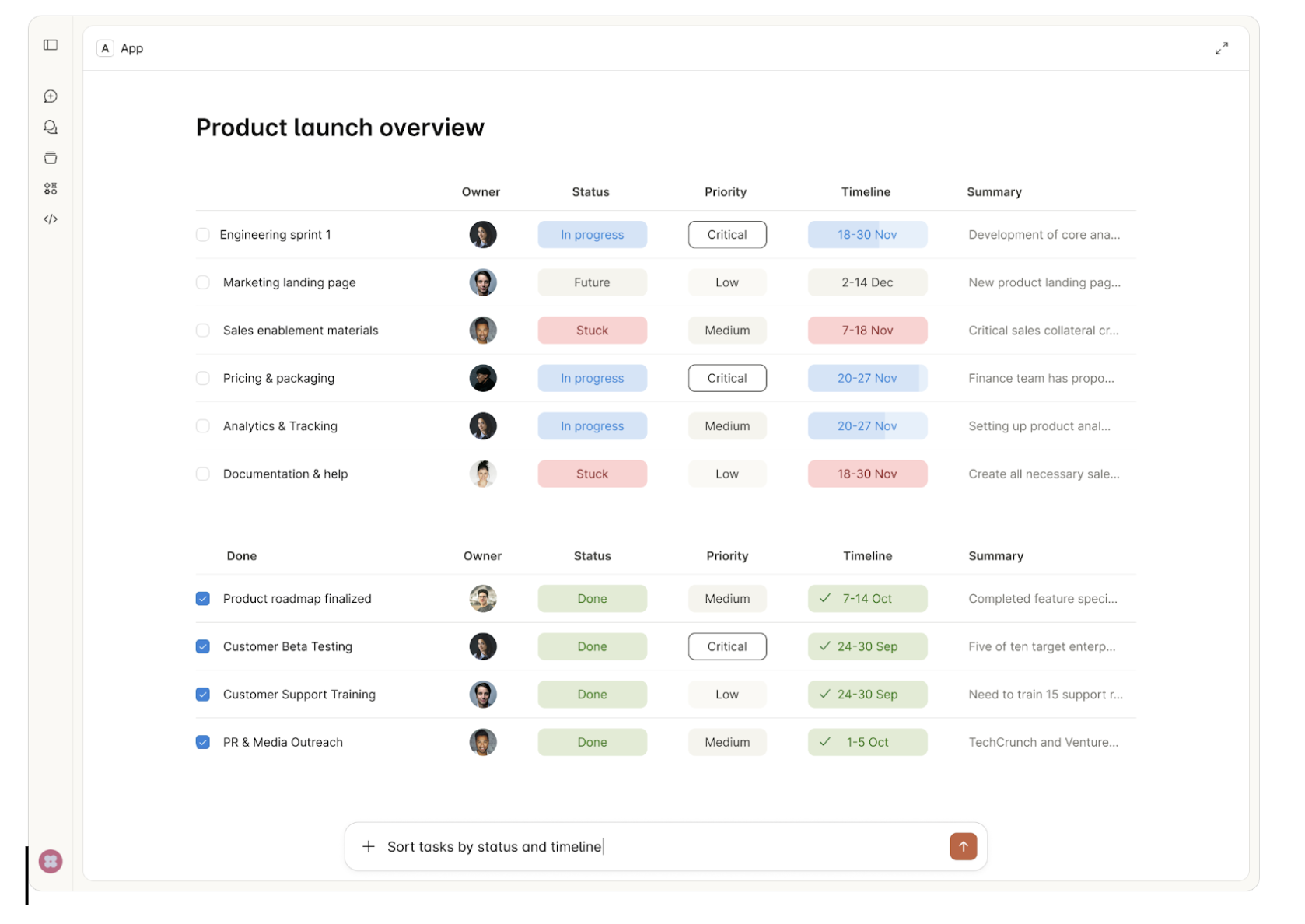 Chat interface displaying an embedded MCP App with a product launch dashboard, including tables, status indicators, and interactive elements rendered inline within the conversation.